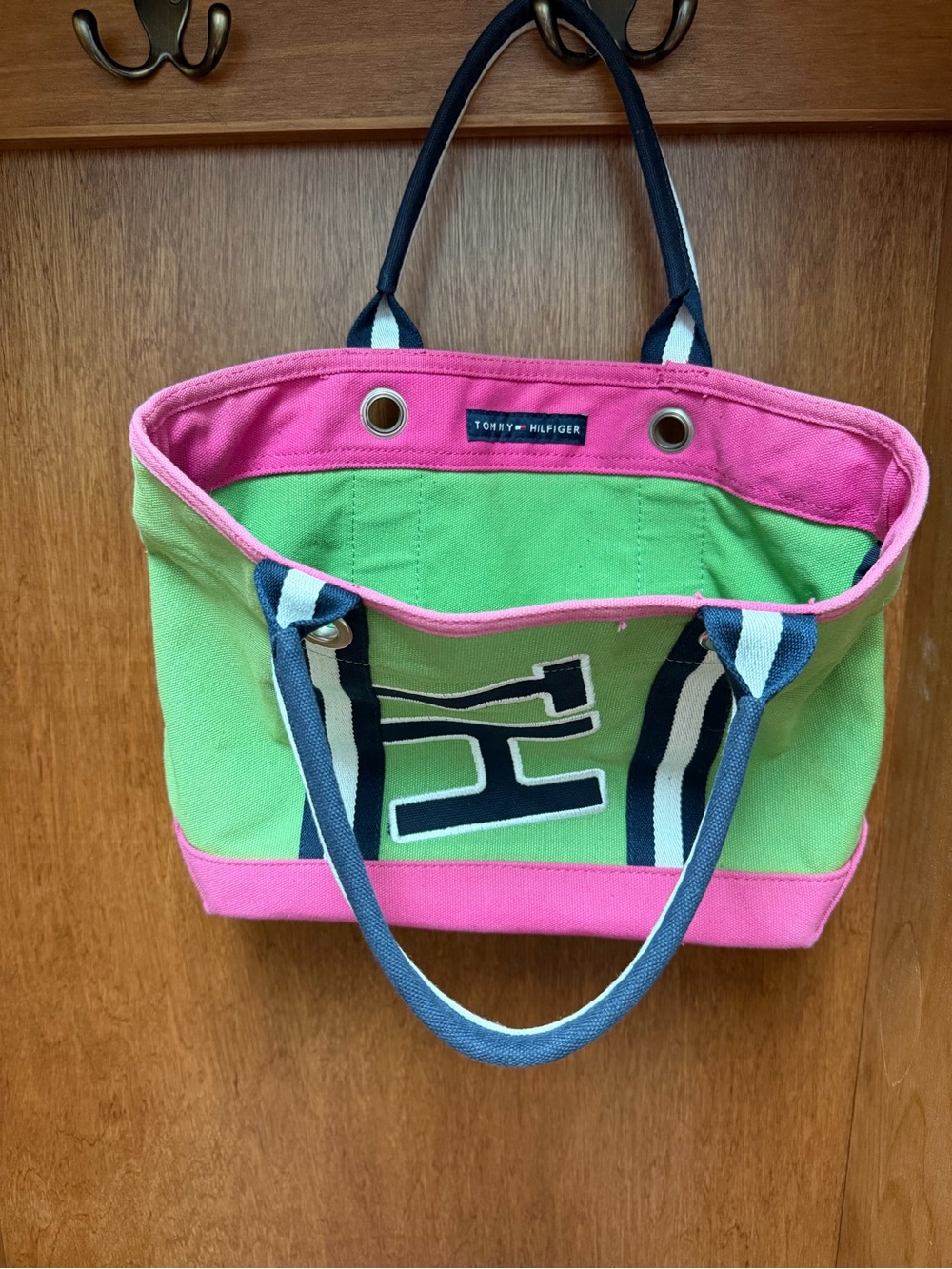 Tommy Hilfiger Pink & Green Canvas Tote with Navy Striped Handles